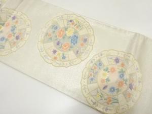 絵皿に牡丹・菊・桔梗模様織り出し　袋帯